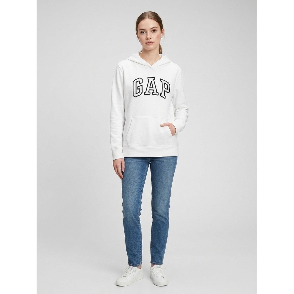 Gap Arch Logo Pullover Hoodie White Blue Applique Fleece Sweatshirt Size XS